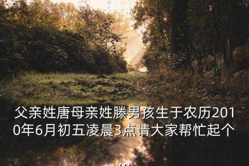 父親姓唐母親姓滕男孩生于農(nóng)歷2010年6月初五凌晨3點(diǎn)請(qǐng)大家?guī)兔ζ饌€(gè)...