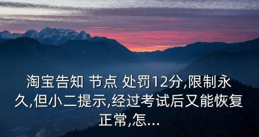 淘寶告知 節(jié)點 處罰12分,限制永久,但小二提示,經(jīng)過考試后又能恢復(fù)正常,怎...